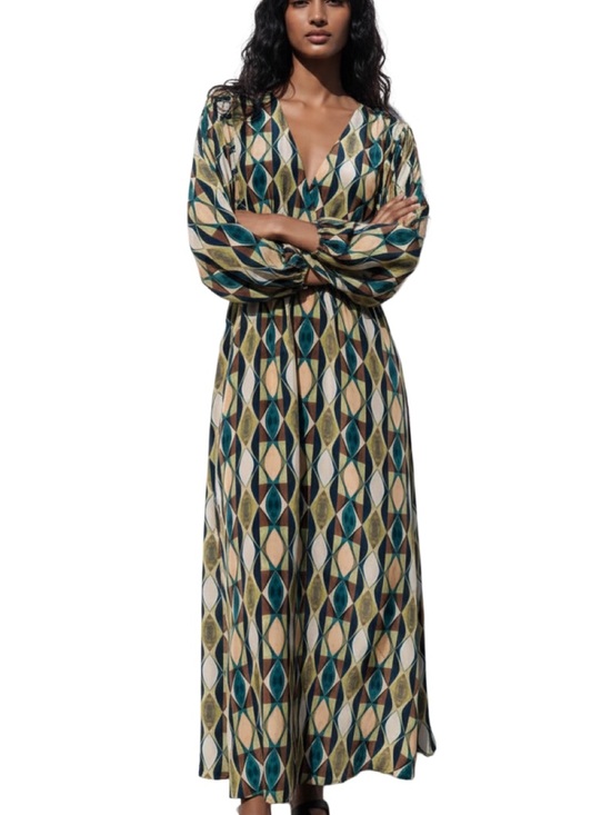 Zara Dresses & Skirts - Zara Multicolor Geometric Maxi Dress in Teal, Navy & Cream